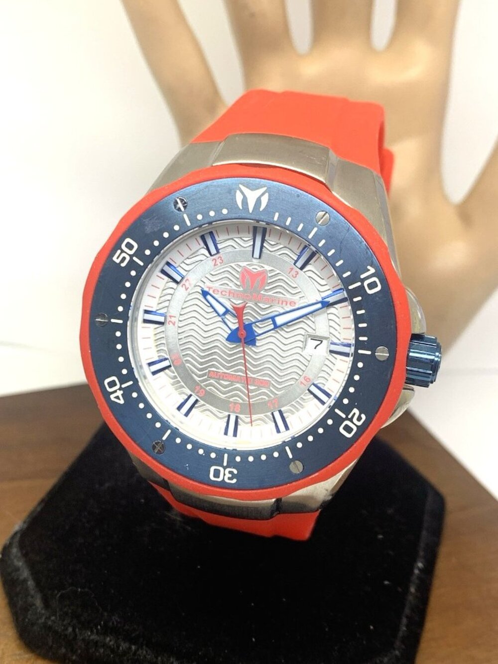 Technomarine Men's Watch TM-215090 Automatic Blue Bezel Red Rubber Strap 47mm